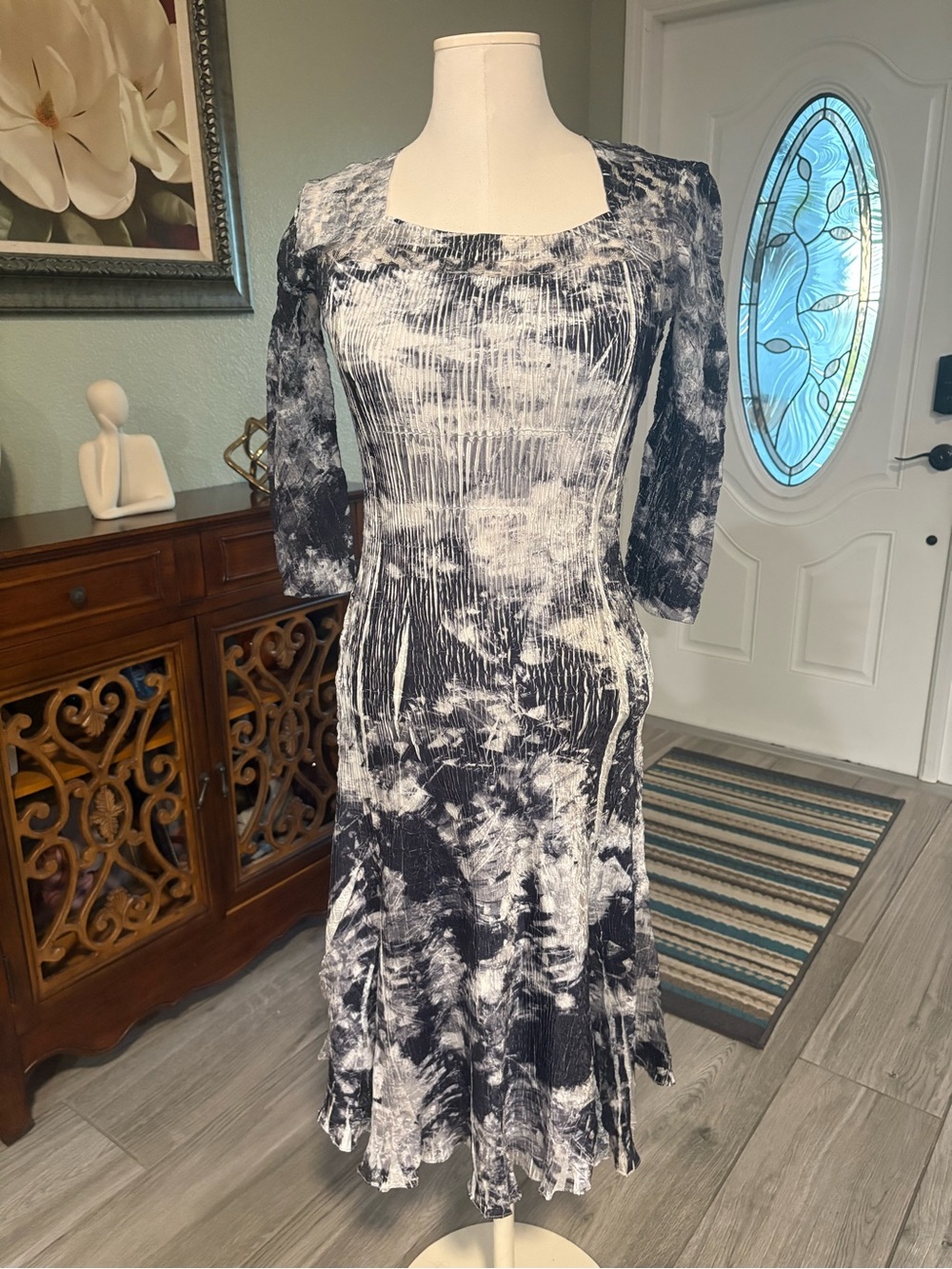 Komarov Black & White Tie-Dye Square Neck Midi Dress